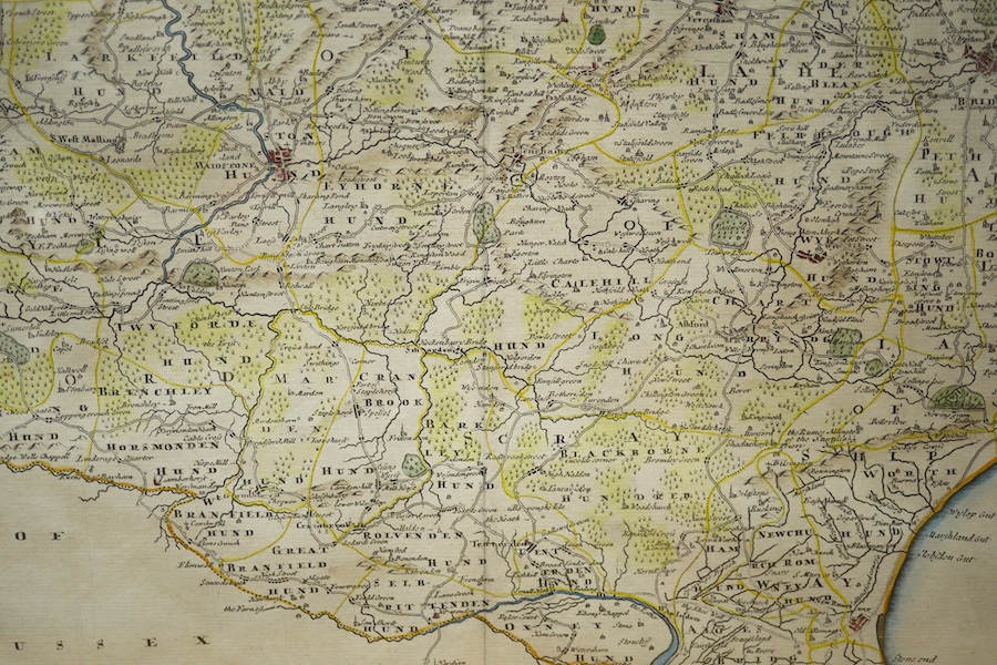 Robert Morden (1650-1703), hand coloured engraved map of Kent, 36 x 63cm. Condition - fair to good